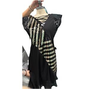 Bebe DEEP V ASYMM SEQUIN XS black gold